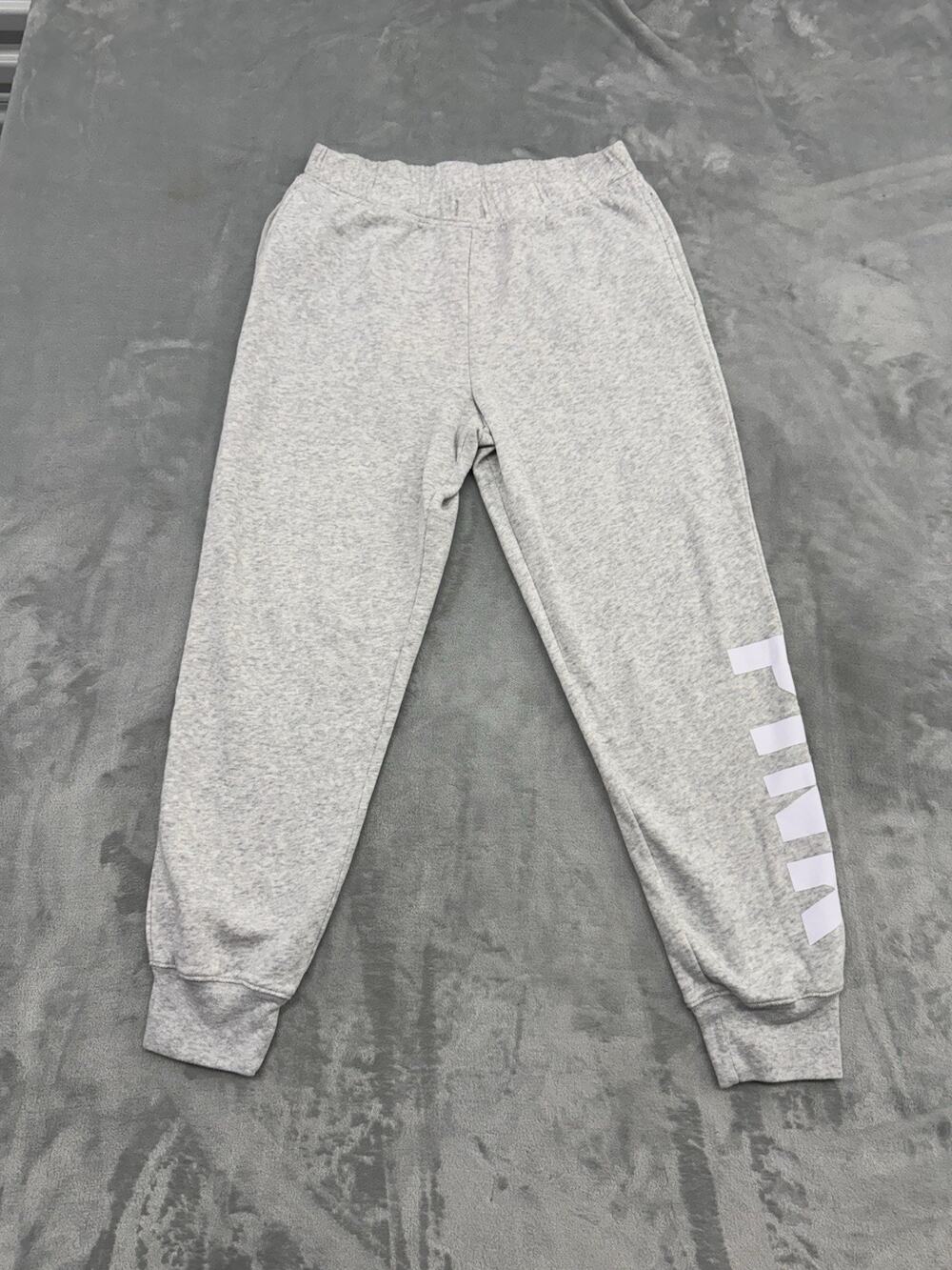 PINK Victoria's Secret Women Activewear Pants M Gray Jogger Fleece Logo Pockets